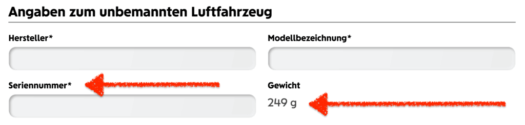 Wiener Städtische Drohnen Versicherung: Antrag mit Hersteller, Modellbezeichnung und Seriennummer.